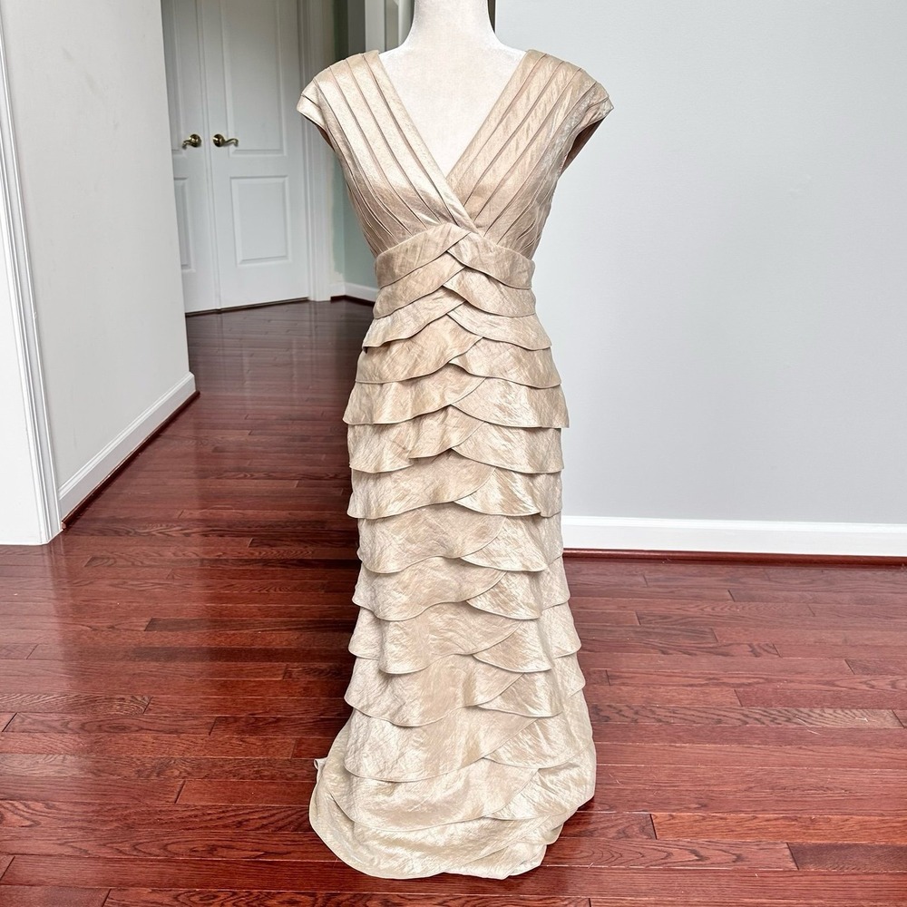 Adrianna Papell Tiered Layered Plunge Feminine Ethereal Metallic Gold Gown Dress